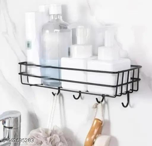 (Pack of 2) Steel Self-Adhesive Multipurpose Bathroom Shelf with Hooks/Towel Holder/Rack/Bathroom Accessories-Wall Mount - Pack of 2 (Black,Powder Coated)|BHR-P894 4