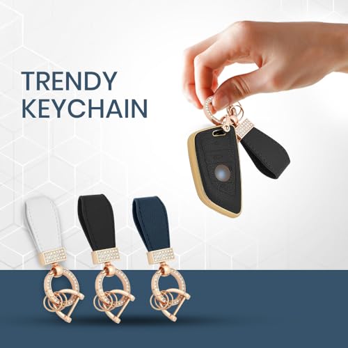 Image of Keyzone Litchi Leather Textured TPU Key Cover & Keychain for BMW 4-Button Smart Keys (White)