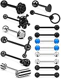 Prjndjw 14G Tongue Rings Surgical steel tongue piercing jewelry 5/8 inch 16mm Skull Heart Flower T Shape Koosh Spiky Silicone Soft Spike Ball Door Knocker Tongue Ring Body Piercing Jewelry Retainer