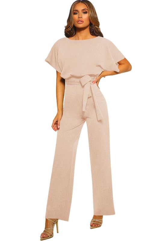 Haibang Mono Mujer Verano Elegante Jumpsuit Largo de Manga Corta Cuello Redondo Slim Pantalones de Pierna Ancha Una Pieza Color Liso Monos de Vestir Suelto Rompers Playsuit con Cinturón