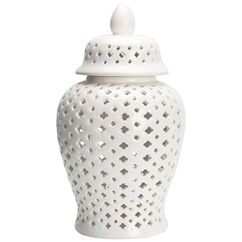 Kichvoe Ceramic Ginger Jar with Lid Decorative Flower Vase Pierced Porcelain Temple Jar Modern Hollow Out Ginger Jar Garlic Keeper Storage Canister for Home Office XS