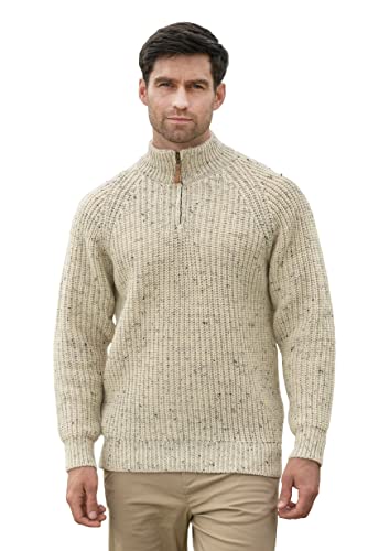 Aran Crafts Men's Half Zip Rib Sweater, 100% Wool, Made in Ireland