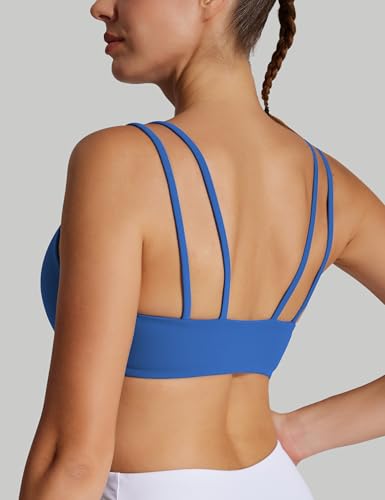 Image of Yoga Sports Workout Bras for Women Seamless Molded Cup Spaghetti Double Strap Bra Wirefree Scoop Neck Tank Top Bras