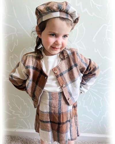Image of HINTINA Toddler Girl 4 Pieces Outfits Ruffles Long Sleeve Tops Plaid Skirt Jacket And Hat Fall Winter Clothes Set