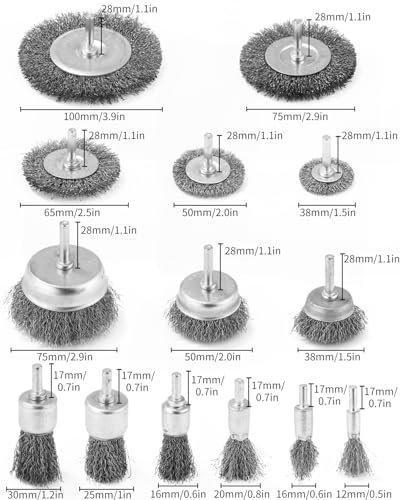 14-teilig Drahtbürste Bohrmaschine Metall Satz,Rundschaft 6mm,Abtragen und Polieren,teilig für Bohrmaschine, gewellter Stahldraht ,Im Set Scheiben, Topf, Pinsel und Zylinderstahlbürste