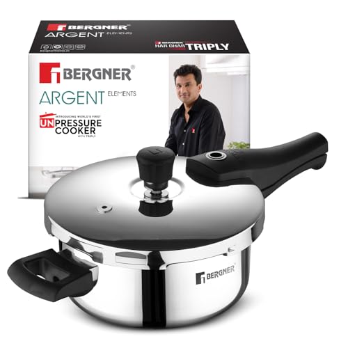Image of Bergner Argent Elements Triply Stainless Steel 3.5 L Outer Lid Pressure Pan, Healthy Cooking, Even Heat Distribution, Sturdy Handle, Easy Lock System, Safety Gasket - Induction and Gas Stove Ready