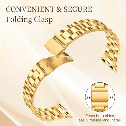 Image of Slim Metal Band for Apple Watch Bands for Women 42mm Series 11 10 iWatch Bands with Protective Case, Stainless Steel Thin Dressy Cute Fancy Strap for Apple Watch Series 11 & 10 42mm Band-Gold