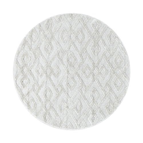 Teppich Wohnzimmer Hochflor Shaggy 3D Retro Design 160 cm Rund Creme - für Schlafzimmer Esszimmer Küche Boho 20 mm Florhöhe Extra Weich Flauschig Pflegeleicht