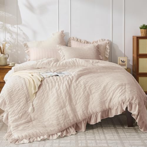 Image of JOLLYVOGUE Beige Queen Comforter Set, 3 Pieces Seersucker Comforters Queen Size, Lightweight & Fluffy Bedding Sets Queen for All Season with 1 Ruffle Comforter and 2 Ruffle Pillowshams