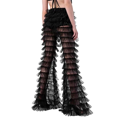 Women's Tiered Ruffled Long Pants Sheer Mesh Multi Layer Wide Leg Pants Flare Tulle Cover Up Pants Beach Wear4