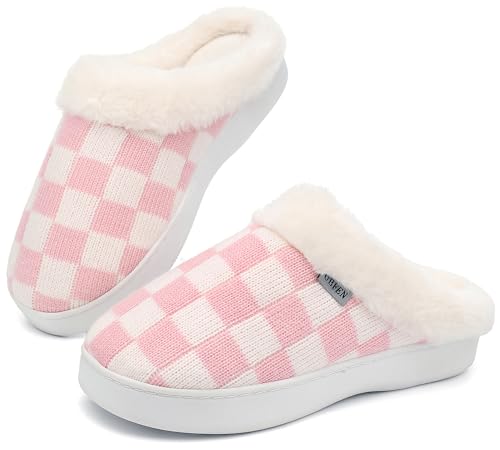 UBFEN Womens Slippers Classic Plaid Winter Warm with Memory Foam Fluffy House Shoes Platform Indoor Bedroom White Pink Size 9-10