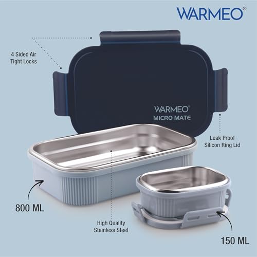 Image of WARMEO MICROMATE Microwave-Safe Stainless Steel Lunch Box, Bpa Free, Perfect for Office, School, Travelling, Combo(800ml+150 ml),Blue