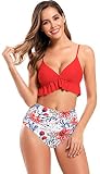SHEKINI Damen Bikini Set V-Ausschnitt Verstellbarer Niedlich Rüsche Design Bikinioberteil Gedruckt Zweiteiliger Badeanzug Triangle Bikinihose Bademode Strandmode