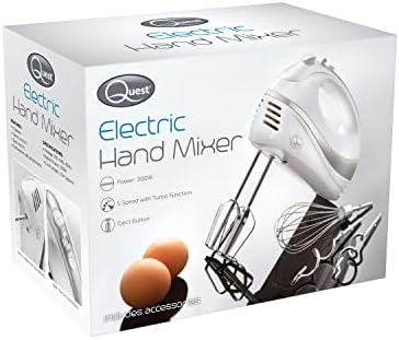 Quest 35890 Electric Hand Mixer / Complete With Chrome Beaters, Dough Hooks & Balloon Whisk / 5 Speed With Turbo Function / 300W / White Colour