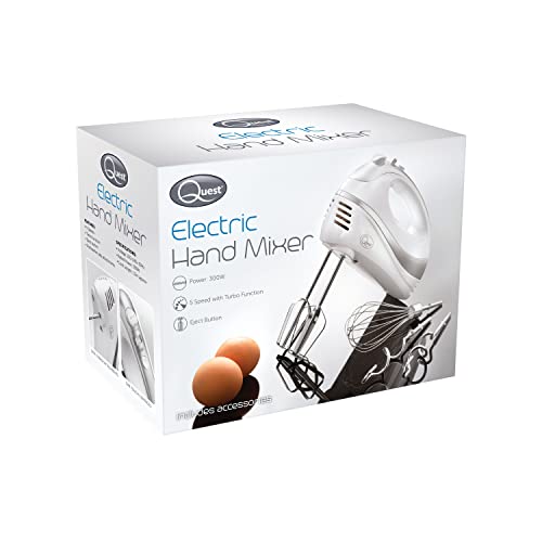 Quest 35890 Electric Hand Mixer / Complete With Chrome Beaters, Dough Hooks & Balloon Whisk / 5 Speed With Turbo Function / 300W / White Colour