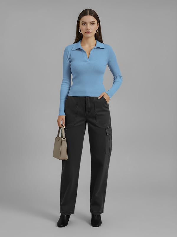 Image of Dream Beauty Fashion Women's Collared Neck Long Sleeve Slim Fit Casual Tee Top for Woman