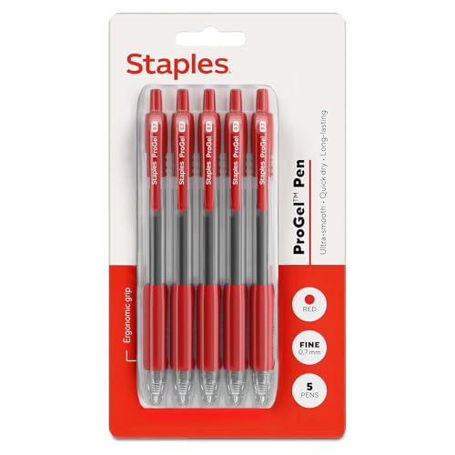 Image of STAPLES ProGel Retractable Gel Pen, Fine Point, 0.7mm, Red Ink, 5 /Pack