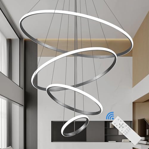 Salaiwei 31.5' Dimmable LED Chandelier: Modern Silver Lighting for Dining Room, High Ceiling Chandelier with Remote Controller, Suitable for Entrance, Staircase