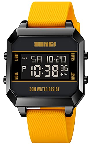 Pasoy Mens Cool Digital Watch Lcd Backlight Black Square Stainless Steel Case Yellow Rubber Strap Sport Womems Boys Watches #TOP1