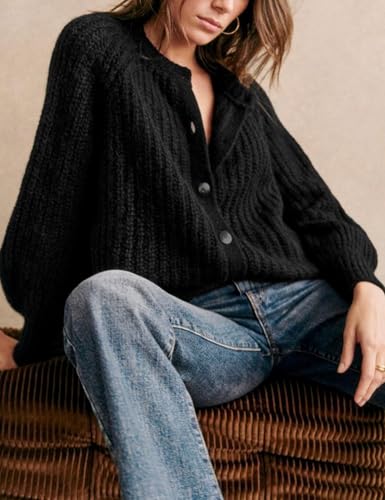 Image of Women's Casual Puff Long Sleeve Crew Neck Cardigan Button Down Open Front Knit Loose Sweater Outwear