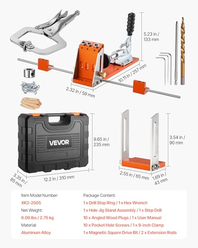 Image of VEVOR Pocket Hole Jig Kit, 1 /2 to 1-1 /2 in Adjustable, Jig Pocket Hole System with Toolcase, C-Clamp, Step Drill, Hex Wrench, Drill Stop Ring, Square Drive Bit, Reinforced Metal Frame, for Woodworking