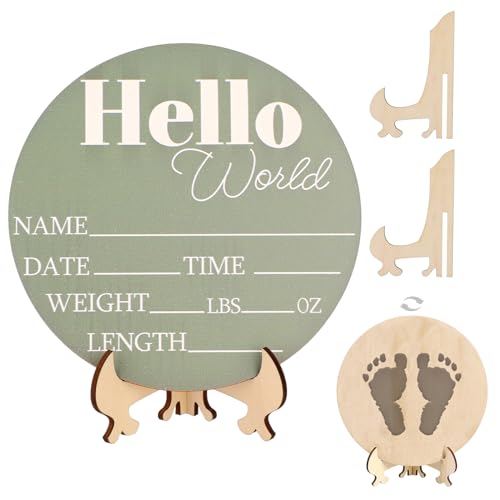 Image of Jeffdad Wooden Baby Name Announcement Sign, 7.08" Birth Announcement Sign Hello World Newborn Photo Prop for Babies for Baby Shower Party Gift Keepsakes (Green)