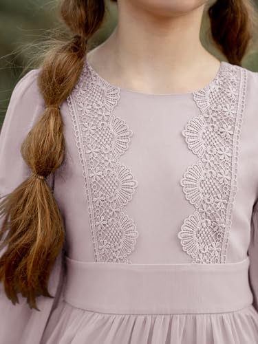 Girls Boho Dresses 3/4 Sleeve V-Back Lace Flower Crew Neck Tiered Ruffle Swing Party Maxi Dress4