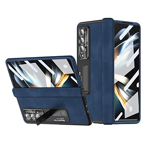 Coque Samsung Z Fold 4 cuir magnétique avec protège-charnière et vitre écran bleu