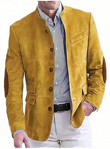 Men's Vintage Suede Blazers Retro Single Breasted Suit Jacket Casual Sports Coat Mustard Yellow