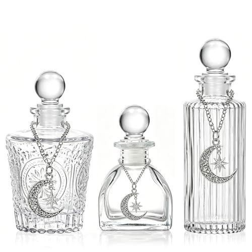 Savepe Moon Energy Glass Bottle Set, 3 Pack, with Lunar Star Chain, for Crystal Cleansing, Meditation, Witchcraft, Home Decor (3)