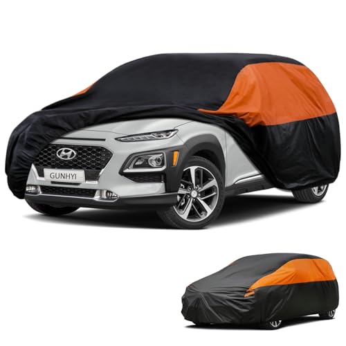 Image of GUNHYI Waterproof Lightweight SUV Full Car Cover Custom Fit Hyundai Kona | All‑weather Outdoor sun /rain /dust /snow /wind /UV protection, breathable tear‑resistant fabric, black‑orange design,storage bag