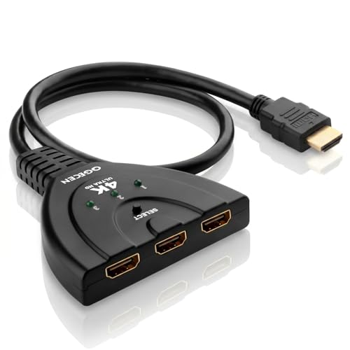 QGECEN Conmutador HDMI 3 Entradas 1 Salida, Switch 4K para Streaming TV y Teletrabajo, Adaptador Automático con Cable de 56cm Soporta Full HD 1080P