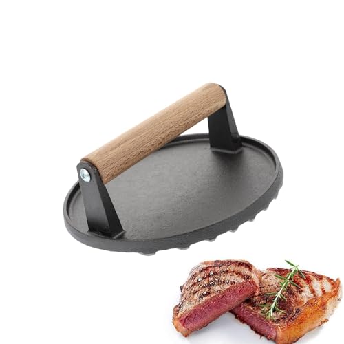 Cast Iron Burger Press 17.5cm Heavy-Duty Smash Burger Press with Wooden Handle Pre-Seasoned Round Meat Press for BBQ Bacon Steak Grill or Skillet Cooking