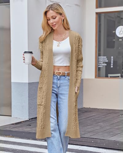 Image of Onedreamer Womens Long Cardigan Sweaters Open Front Cable Knit with Pockets