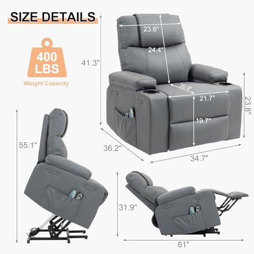 Image of Power Lift Recliner Sofa Chair, Electric Stand Assit for Elderly People, Faux Leather Reclining Chair with Cup Holders, Massage & Heat Functions, Living Room or Bedroom Furniture for Resting, Gray