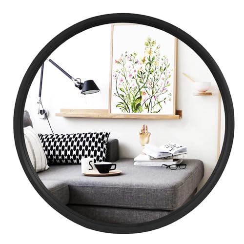 Image of WallBeyond Black Round Mirror Wood Framed 28 inch Circle Wall Mirror for Bathroom Round Wall Mirror for Wall Decor, Vanity, Entryway Living Room