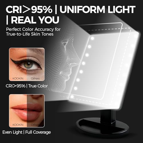 KOOKIN Lighted Vanity Makeup Mirror Led Lights 180 Degree Rotation Lighted Mirror Touch Screen Adjusted Brightness Desk Mirrors USB Dual Supply Bathroom Beauty Cosmetic Mirrors (Black)