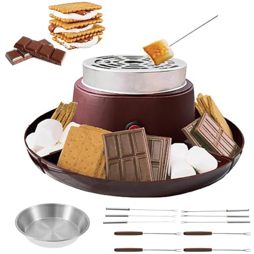 2-en-1 Smores & Fondue de Chocolate Set, Asador Eléctrico de Malvavisco Sin Llama con 4 Bandejas, 10 Tenedores, Temperatura Ajustable, Kit de Fiesta Interior para Familia & Hogar Brown