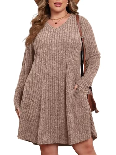 BELAROI Plus Size Sweater Dress for Women Tshirt Fall Dresses Winter V Neck Long Sleeve Pockets Casual Party Loose Fit