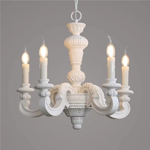 Lampadario a Sospensione Vintage a 5 o 6 luci in Legno Stile Rustico, Ideale per Soggiorno, mansarda o Galleria (Bianco, 5 luci).