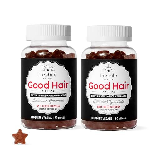 Lashilé Beauty - Complementos Alimenticios - Anticaída masculina y refuerzo capilar - Crecimiento y densidad Good Hair Men - Fabricado en Francia - Zinc, Maca, Cabello de Venus - 120 Gummies