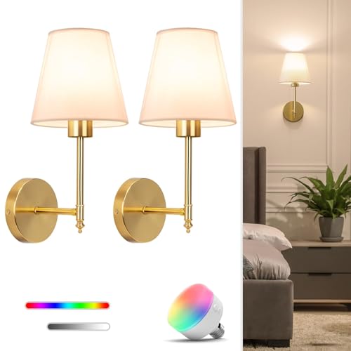 Wall Light Battery Operated Sconce Set of 2, not Hardwired Fixture,RGB Colors and Dimmable, Wall Sconce with Remote Dimmable Light Bulb,Easy to Install Not Wires,for Bedroom, Lounge, Farmhouse (Gold)