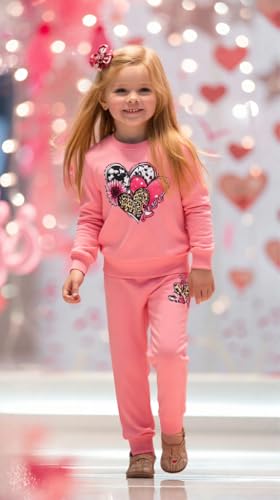 Image of Girls Valentine's Day Outfit Heart Love Print Sweatshirt Kids Girls Clothes Set