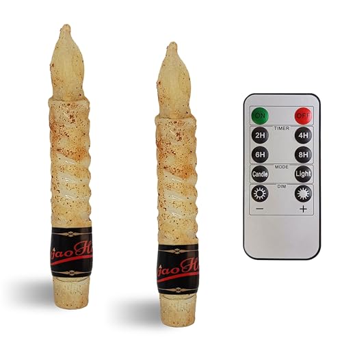 Image of LED Flameless Spiral Taper Candles with Remote, 6.5 Inches Khaki Candlesticks, Flickering Taper Candles, Battery Operated Flame Rustic Primitive Lights Decor, Vintage Candles Pack of 2