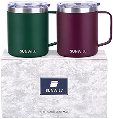 SUNWILL Coffee Mug Set with Handle and Lid 14 oz, Insulated Camping Mug 2 Pack, Double Wall Stainless Steel Travel Tumbler Cup, Reusable Coffee Cup Outdoor, Powder Coated Forest Green & Plum
