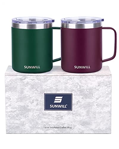 Sunwill Coffee Mug Set With Handle And Lid 14 Oz, Insulated Camping Mug 2 Pack, Double Wall Stainless Steel Travel Tumbler Cup, Reusable Coffee Cup Outdoor, Powder Coated Forest Green & Plum #TOP12