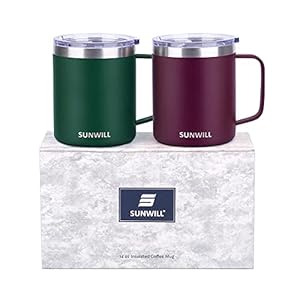 SUNWILL Coffee Mug Set with Handle and Lid 14 oz, Insulated Camping Mug 2 Pack, Double Wall Stainless Steel Travel Tumbler Cup, Reusable Coffee Cup Outdoor, Powder Coated Forest Green & Plum