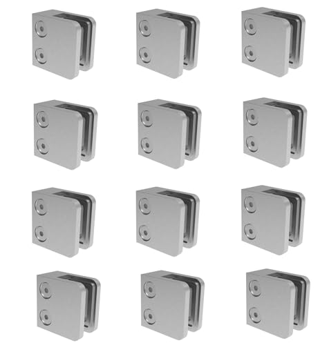 Sellon24 Glashalter 12 Stück Edelstahl Klemme Halter Glasplattenhalter für Treppen Geländer V2A Eckig 45 x 45 x 28 mm inkl. Gummieinlage flach geschliffen Set MOD 21.000 (Flach/Glasstärke: 8mm)