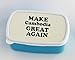 Caja para almuerzo azul con texto en inglés "Make Camboya GREAT AGAIN"