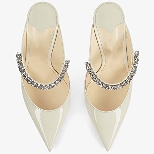 Women High Heeled Mules Crystal Embellished Strap Mules Pointed Toe Stiletto Heels Patent Leather Bridal Wedding Party Dress Shoes 5-13US3
